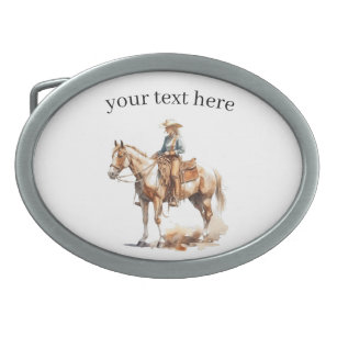 Boucle De Ceinture Ovale cowgirl blonde chevauchant un cheval brun en aquar