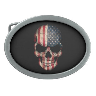 Boucle De Ceinture Ovale Crâne de drapeau américain sur le noir