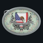 Boucle De Ceinture Ovale Drapeau mexico-américain de bouclier<br><div class="desc">Représentez le Mexique ! Cet article comporte un manteau des bras avec le drapeau mexicain et le drapeau américain sur un bouclier héraldique qui des ressembler à une crête de famille et à une conception tribale de tatouage. Est-ce que vous connaissez quelqu'un mexicain ou un Mexico-Américains qui manque leur pays...</div>