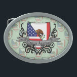 Boucle De Ceinture Ovale Drapeau mexico-américain de bouclier<br><div class="desc">Représentez le Mexique ! Cet article comporte un manteau des bras avec le drapeau mexicain et le drapeau américain sur un bouclier héraldique qui des ressembler à une crête de famille et à une conception tribale de tatouage. Est-ce que vous connaissez quelqu'un mexicain ou un Mexico-Américains qui manque leur pays...</div>