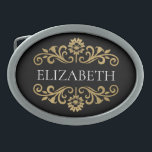 Boucle De Ceinture Ovale Élégant Monogram Black Gold<br><div class="desc">Une élégante boucle de ceinture noire et or fleurie. Si chic et chic ! Ajoutez votre nom entre la floraison dorée sur le devant. Conçu pour vous par Blackberry Boulevard.</div>
