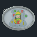 Boucle De Ceinture Ovale Fille avec boîte cadeau de Noël<br><div class="desc">Petite fille mignonne en vêtements d'hiver tient boîte cadeau de Noël rouge</div>