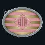 Boucle De Ceinture Ovale Grilles d'or monogramme et Motif géométrique rose<br><div class="desc">Tons or et rose abstrait rayures motif géométrique. monogramme personnalisé</div>
