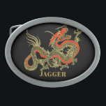 Boucle De Ceinture Ovale Imaginaire rouge noir Dragon chinois<br><div class="desc">Un dragon chinois noir féroce,  surligné d'or,  décore cet objet. Les accents rouges mettent en évidence la mâchoire,  la tête et la colonne vertébrale du dragon. Votre nom est écrit en or gras ci-dessous.</div>