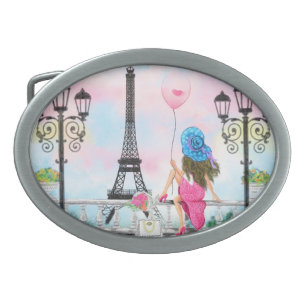 Boucle De Ceinture Ovale Jolie dame au ballon de coeur rose - I Love Paris