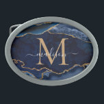 Boucle De Ceinture Ovale Moderne Marine Blue Gold Agate Géode Girly Monogra<br><div class="desc">Glam Moderne Marine Bleu Parties scintillant Or Étincelle Agate Géode Pierre Élégante Feminine Monogramme Nom du script Boucle de ceinture</div>