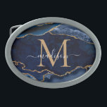 Boucle De Ceinture Ovale Monogramme de Gironde de la Marine moderne Blue Go<br><div class="desc">Moderne Glam Navy Blue Gold Parties scintillant Sparkle Agate Geode Gemstone Élégante Feminine Monogramme Nom du script Belt Buckle</div>