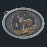 Boucle De Ceinture Ovale Mule Deer Buck Charcoal Gray Monogram<br><div class="desc">Mule deer buck on a sunlit ridge glowing in autumn colored light. Personalize with your own initials,  texte ou monogram. Accented with a sophisticated charcoal gray patterned background</div>