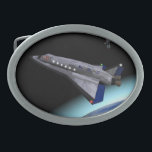 Boucle De Ceinture Ovale Navette spatiale El Al Maslool<br><div class="desc">Pour les futurs astronautes juifs. Un rendu numérique d'un vaisseau spatial El Al (l'emblématique transporteur aérien national d'Israël) entrant en orbite. La Terre est vue ci-dessous ; une station spatiale flotte au loin. Maslool est le mot hébreu pour "orbite"</div>