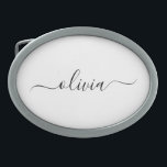 Boucle De Ceinture Ovale Noir Blanc moderne Script Girl Monogramme Nom<br><div class="desc">Noir et blanc Simple Script Monogramme Nom Ceinture Boucle. Cela rend la graduation parfaite, doux 16 16ème, 18ème, 21ème, 30ème, 40ème, 50ème, 60ème, 70ème, 80ème, 90ème, 100ème anniversaire, mariage, douche nuptiale, anniversaire, baby shower ou cadeau de fête de bachelorette pour quelqu'un qui aime les styles glam luxe et chic .....</div>