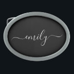 Boucle De Ceinture Ovale Noir et blanc Nom du monogramme de script moderne<br><div class="desc">Nom du monogramme simple de script noir et blanc. Cela rend le cadeau parfait pour 16 ans,  mariage,  douche nuptiale,  anniversaire,  baby shower ou bachelorette pour quelqu'un qui aime le luxe glam et les styles chic.</div>