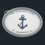 Boucle De Ceinture Ovale Nom du bateau moderne Marine Ancre bleue Personnal<br><div class="desc">Ajoutez le nom et l'emplacement de votre bateau ou capitaine en cliquant sur le bouton "Personnaliser". Naviguez avec élégance avec notre swag nautique personnalisé, le compagnon ultime de vos aventures maritimes. Cette boucle à ceinture présente un design mignon inspiré des merveilles de l'océan, avec des motifs maritimes classiques comme une...</div>