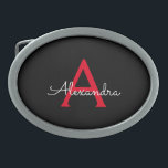 Boucle De Ceinture Ovale Nom du monogramme rouge noir de la fille<br><div class="desc">Noir et Rouge Simple Script Monogramme Nom Belt Buckle. Cela rend la graduation parfaite, doux 16 16ème, 18ème, 21ème, 30ème, 40ème, 50ème, 60ème, 70ème, 80ème, 90ème, 100ème anniversaire, mariage, douche nuptiale, anniversaire, baby shower ou cadeau de fête de bachelorette pour quelqu'un qui aime les styles glam luxe et chic .....</div>