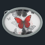 Boucle De Ceinture Ovale Papillons noirs et rouges volants<br><div class="desc">Un troupeau de papillons de morpho volants,  réalistes,  rouges et noirs sur un arrière - plan blanc avec des gouttes de peinture.</div>
