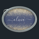 Boucle De Ceinture Ovale Parties scintillant Bleu de la Marine d'or Script<br><div class="desc">Bleu de marine et or Parties scintillant étincelante Script Monogramme Nom Boucle de ceinture. Cela rend la graduation parfaite, doux 16 16ème, 18ème, 21ème, 30ème, 40ème, 50ème, 60ème, 70ème, 80ème, 90ème, 100ème anniversaire, mariage, douche nuptiale, anniversaire, baby shower ou cadeau de fête de bachelorette pour quelqu'un qui aime les styles...</div>