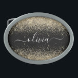 Boucle De Ceinture Ovale Parties scintillant Noir Or Script Monogramme Nom<br><div class="desc">Parties scintillant à étincelle noire et or Script Monogramme Nom Ceinture Boucle. Cela rend la graduation parfaite, doux 16 16ème, 18ème, 21ème, 30ème, 40ème, 50ème, 60ème, 70ème, 80ème, 90ème, 100ème anniversaire, mariage, douche nuptiale, anniversaire, baby shower ou cadeau de fête de bachelorette pour quelqu'un qui aime les styles glam luxe...</div>
