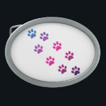 Boucle De Ceinture Ovale Pâtes de chat rose violet bleu Ombre<br><div class="desc">Un sentier de pattes de chat colorées fait en dégradé rose,  bleu et violet sur une boucle de ceinture. Idéal pour le chat ou l'amoureux des animaux de votre vie !</div>