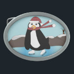 Boucle De Ceinture Ovale Patinage sur glace Pingouin<br><div class="desc">Une adorable écharpe en plaid portant un manchot profite d'une journée d'hiver avec un peu de patin à glace sur une boucle de ceinture</div>