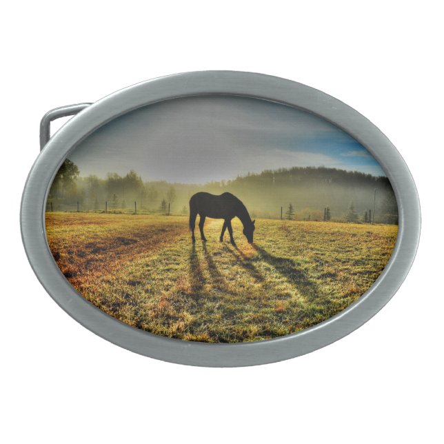 Boucle De Ceinture Ovale Pâturage à cheval au lever du soleil dans le champ (Devant)