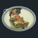 Boucle De Ceinture Ovale Pêche allée<br><div class="desc">Artiste : Homme et chien de sommeil de Norman Rockwell | vieil dans des lignes de pêche du bateau à rames w/multiple</div>
