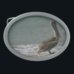 Boucle De Ceinture Ovale Pélican Brown sur la plage<br><div class="desc">Une photo d'un pélican brun appréciant l'eau et le sable de la plage par une journée ensoleillée sur une boucle à ceinture</div>