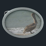 Boucle De Ceinture Ovale Pélican Brown sur la plage<br><div class="desc">Une photo d'un pélican brun appréciant l'eau et le sable de la plage par une journée ensoleillée sur une boucle à ceinture</div>