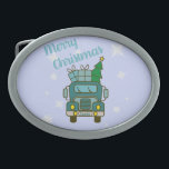 Boucle De Ceinture Ovale Père Noël vue de devant Joyeux Noël<br><div class="desc">Camion de Noël vue d'avant avec texte Joyeux Noël</div>