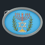 Boucle De Ceinture Ovale Persian Magen David Menorah<br><div class="desc">Cette image a été adaptée à partir d'un carrelage juif perse antique et présente une menorah avec un Magen David (Étoile de David) encadré de branches d'olivier. Les imperfections de l'image originale peinte à la main ont été conservées.</div>