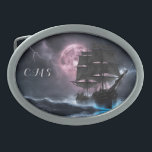 Boucle De Ceinture Ovale Pirate Ship foudre fraise lune Personnaliser<br><div class="desc">Pirate Voilier dans une tempête de foudre sous une lune de fraise Niveaux de gris avec eaux bioluminescentes IA ART par minx267</div>