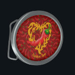 Boucle De Ceinture Ovale Poivre chili au coeur de flamme<br><div class="desc">Piments rouges avec flamme en forme de coeur. Texte personnalisé.</div>