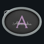 Boucle De Ceinture Ovale Purple Black Script Girl Nom du monogramme<br><div class="desc">Noir et violet Simple Script Monogramme Nom Ceinture Boucle. Cela rend la graduation parfaite, doux 16 16ème, 18ème, 21ème, 30ème, 40ème, 50ème, 60ème, 70ème, 80ème, 90ème, 100ème anniversaire, mariage, douche nuptiale, anniversaire, baby shower ou cadeau de fête de bachelorette pour quelqu'un qui aime les styles glam luxe et chic .....</div>