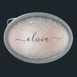 Boucle De Ceinture Ovale Rose Gold<br><div class="desc">Or rose - Blush Rose et Argent Faux Foil Parties scintillant étincelante métallique brossé Monogramme Nom de la ceinture Boucle. Cela rend la graduation parfaite, doux 16 16ème, 18ème, 21ème, 30ème, 40ème, 50ème, 60ème, 70ème, 80ème, 90ème, 100ème anniversaire, mariage, douche nuptiale, anniversaire, baby shower ou cadeau de fête de bachelorette...</div>