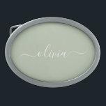 Boucle De Ceinture Ovale Sage Green Minimaliste Moderne Monogramme Élégant<br><div class="desc">Découvrez notre collection moderne minimaliste de monogramme Sage Green : Élégez votre esthétique avec une sophistication sereine et une élégance intemporelle. Notre collection présente des designs minimalistes dans une teinte verte sage et tranquille, complétés par des monogrammes raffinés adaptés à votre style personnel. De la papeterie polie aux accessoires polyvalents,...</div>