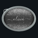 Boucle De Ceinture Ovale Script Monogram Girly Name<br><div class="desc">Parties scintillant à étincelles noir et argent Script Monogramme Nom Boucle de ceinture. Cela rend la graduation parfaite, doux 16 16ème, 18ème, 21ème, 30ème, 40ème, 50ème, 60ème, 70ème, 80ème, 90ème, 100ème anniversaire, mariage, douche nuptiale, anniversaire, baby shower ou cadeau de fête de bachelorette pour quelqu'un qui aime les styles glam...</div>