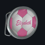 Boucle De Ceinture Ovale Soccer Ball Pink and White<br><div class="desc">A fun design for the girl or woman who is a keen soccer player or soccer fan. Objets matériels a rose and white football or soccer ball with coordinating pink customizable text for their name. Other color combinations are available in our store and we welcome custom requests, just contact us...</div>