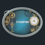 Boucle De Ceinture Ovale Steampunk Arrière - plan turquoise avec Gears<br><div class="desc">Arrière - plan turquoise,  texturé,  steampunk avec des engrenages en laiton et or,  une clé en argent et l'horloge. Style Steampunk.</div>