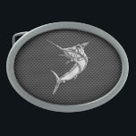 Boucle De Ceinture Ovale Style Marlin de chrome sur la fibre de carbone<br><div class="desc">Un chrome argenté comme des poissons de marlin applique la conception sur un décor d'arrière - plan de style de fibre de carbone. Un cadeau nautique moderne mordant. Voici une sélection des casquettes de baseball brodées décontractées faites sur commande fines ; dans un style nautique, vous pouvez facilement personnaliser pour...</div>