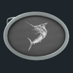 Boucle De Ceinture Ovale Style Marlin de chrome sur la fibre de carbone<br><div class="desc">Un chrome argenté comme des poissons de marlin applique la conception sur un décor d'arrière - plan de style de fibre de carbone. Un cadeau nautique moderne mordant. Voici une sélection des casquettes de baseball brodées décontractées faites sur commande fines ; dans un style nautique, vous pouvez facilement personnaliser pour...</div>