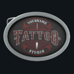 Boucle De Ceinture Ovale Style traditionnel AJOUTER LE NOM Tattoo Studio Sh<br><div class="desc">Style traditionnel ADD NAME Tattoo Studio Shop Design - Vintage Look with Red,  White,  Black Colors. Customize with Your Name or Custom Text !</div>