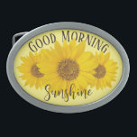 Boucle De Ceinture Ovale Sunshine du bon matin<br><div class="desc">Photo de fond d'un tournesol jaune vif avec le texte "Good Morning Sunshine" en brun très foncé sur un arrière - plan jaune clair. Le texte peut être modifié,  si vous le souhaitez,  vous pouvez remplacer le mot Sunshine par un nom ou un autre texte,  par exemple.</div>
