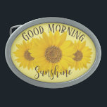 Boucle De Ceinture Ovale Sunshine du bon matin<br><div class="desc">Photo de fond d'un tournesol jaune vif avec le texte "Good Morning Sunshine" en brun très foncé sur un arrière - plan jaune clair. Le texte peut être modifié,  si vous le souhaitez,  vous pouvez remplacer le mot Sunshine par un nom ou un autre texte,  par exemple.</div>