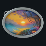 Boucle De Ceinture Ovale Superbe lever de soleil sur l'étang<br><div class="desc">arbre à fleurs coloré bleu et violet Beau lever de soleil à l'horizon sur l'étang herbes colorées AI ART créé par minx267</div>