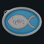 Boucle De Ceinture Ovale Symbole chrétien de poissons d'IXOYE - effet en<br><div class="desc">Symbole de poissons des textes de grec ancien IXOYE avec une torsion moderne. Employez la "personnaliser il" bouton (ci-dessus) pour personnaliser votre produit (aucune charge.</div>