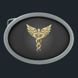 Boucle De Ceinture Ovale Symbole Polygonal Or Caduceus<br><div class="desc">Symboles Caduceus polygonaux or sur arrière - plan noir isolé. Basse poly symbole de la médecine.</div>