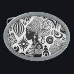 Boucle De Ceinture Ovale Tatouage Tribal Portrait de Fille Africaine<br><div class="desc">Beau Portrait de fille africaine avec style de cheveux de tissus de cire ethnique,  créé sur le style de tatouage Tribal Noir et Blanc. Illustration vectorielle originale Copyright BluedarkArt TheChameleonArt.</div>