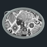 Boucle De Ceinture Ovale Tatouage Tribal Portrait de Fille Africaine<br><div class="desc">Beau Portrait de fille africaine avec style de cheveux de tissus de cire ethnique,  créé sur le style de tatouage Tribal Noir et Blanc. Illustration vectorielle originale Copyright BluedarkArt TheChameleonArt.</div>