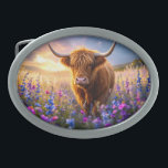 Boucle De Ceinture Ovale Vache Highland dans un champ de fleurs colorées<br><div class="desc">Belle vache Highland entourée de fleurs somptueuses de multiples couleurs. ART AI CRÉÉ PAR MINX267</div>