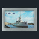 Boucle De Ceinture Rectangulaire Aurora russe<br><div class="desc">Un rendu numérique du Cruiser Aurora russe amarré dans la Neva à Saint-Pétersbourg. Le texte cyrillique "Kreiser AVRORA" (Le Cruiser AURORA) apparaît également. L'Aurora est un symbole emblématique de la révolution russe d'octobre 1917. Au moment de la Révolution de février, l'Aurora était amarré dans la Neva à Petrograd (Saint-Pétersbourg) pour...</div>