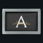 Boucle De Ceinture Rectangulaire Black Gold Modern Script Girl Monogramme Nom<br><div class="desc">Noir et Or Simple Script Monogramme Nom Ceinture Boucle. Cela rend la graduation parfaite, doux 16 16ème, 18ème, 21ème, 30ème, 40ème, 50ème, 60ème, 70ème, 80ème, 90ème, 100ème anniversaire, mariage, douche nuptiale, anniversaire, baby shower ou cadeau de fête de bachelorette pour quelqu'un qui aime les styles glam luxe et chic .....</div>