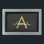 Boucle De Ceinture Rectangulaire Black Gold Modern Script Girl Monogramme Nom<br><div class="desc">Noir et Or Simple Script Monogramme Nom Ceinture Boucle. Cela rend la graduation parfaite, doux 16 16ème, 18ème, 21ème, 30ème, 40ème, 50ème, 60ème, 70ème, 80ème, 90ème, 100ème anniversaire, mariage, douche nuptiale, anniversaire, baby shower ou cadeau de fête de bachelorette pour quelqu'un qui aime les styles glam luxe et chic .....</div>